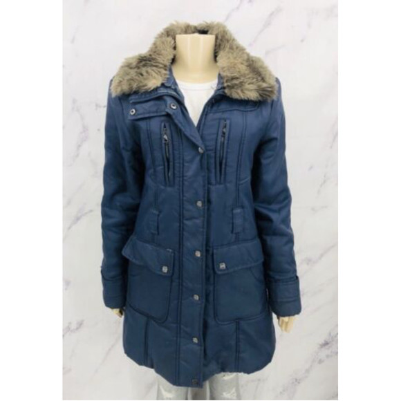 STEVE MADDEN denim blue parka, removable faux fur collar, EUC, size large - Picture 2 of 7